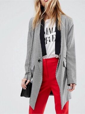 ASOS Houndstooth Longline Blazer Coat Black White US 0